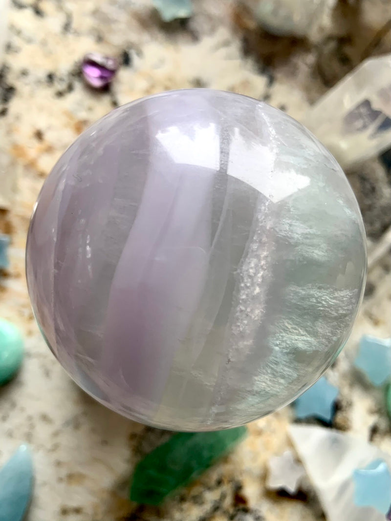 Banded Yttrium Fluorite Sphere with Scolecite Cloudscape # 4