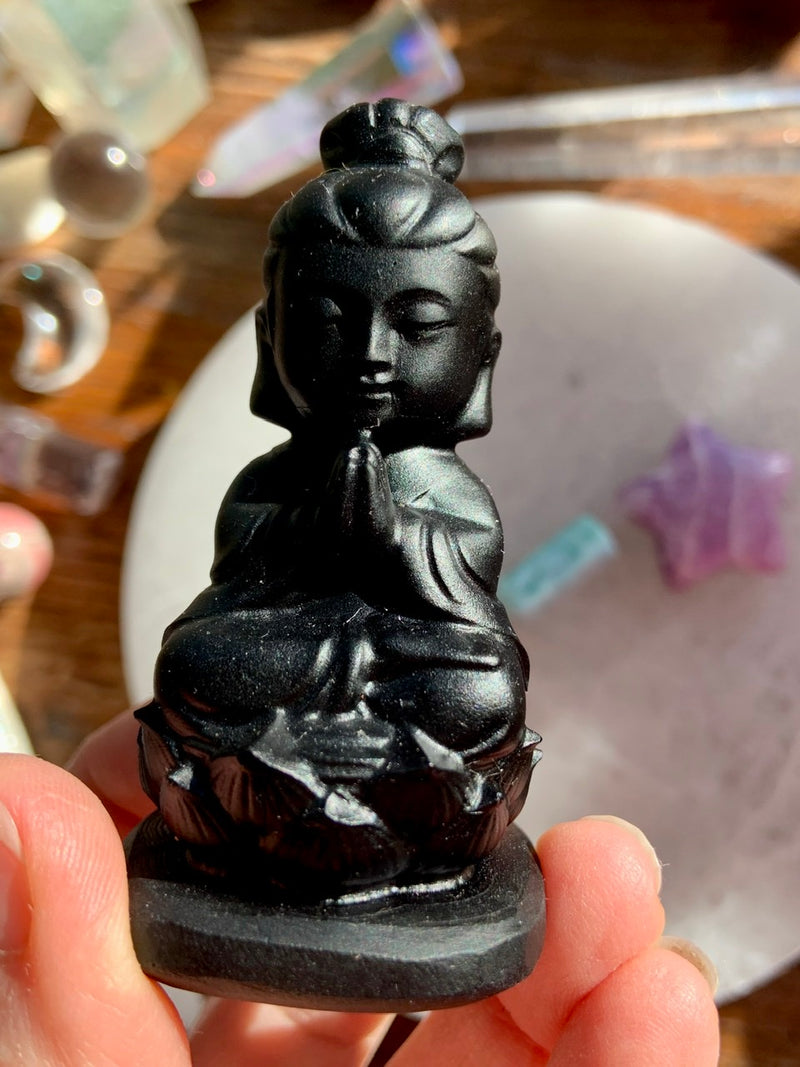 Black Obsidian Quan Yin ~ Meditating Guanyin Goddess Figurine