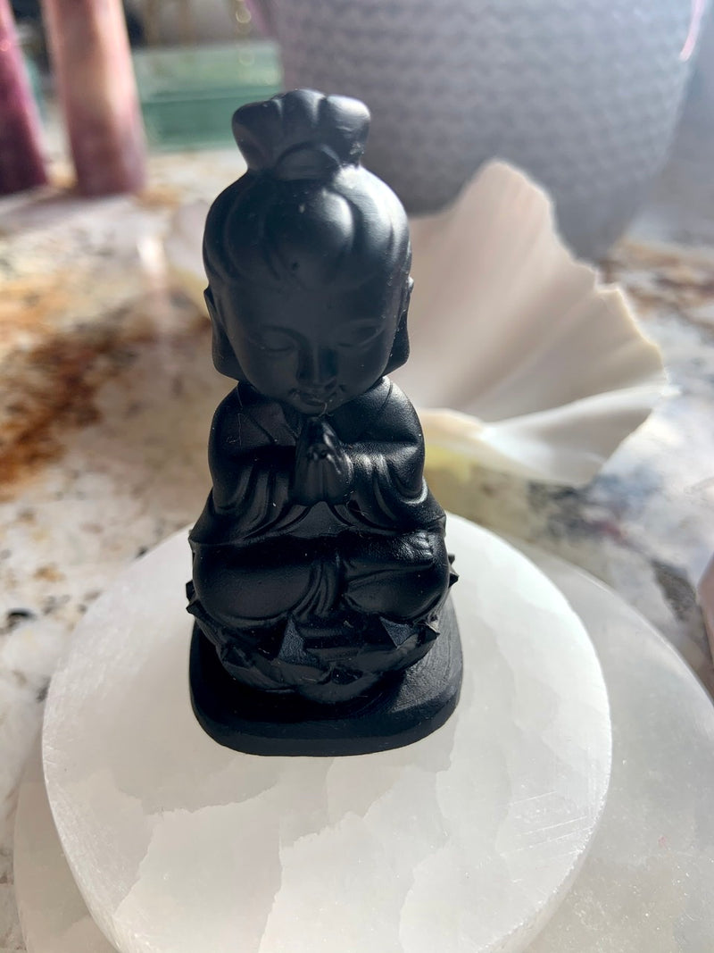 Black Obsidian Quan Yin ~ Meditating Guanyin Goddess Figurine