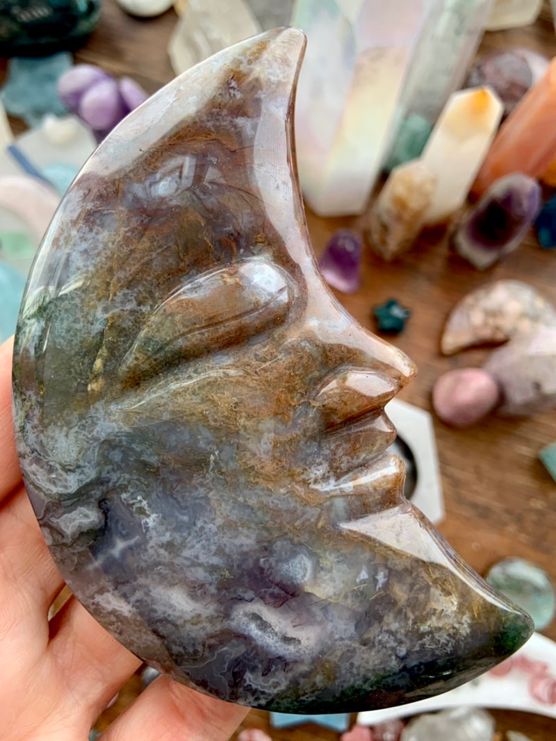 Big  Ocean Jasper Moon Face, Hand-Carved Crystal Moon