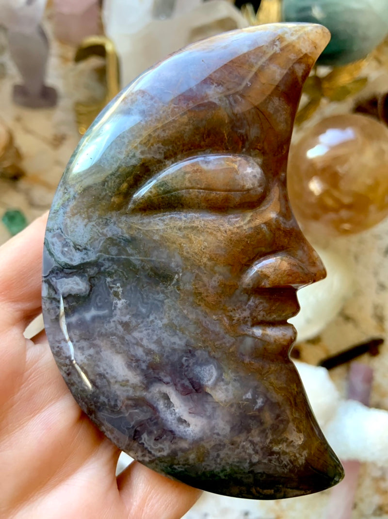 Big  Ocean Jasper Moon Face, Hand-Carved Crystal Moon