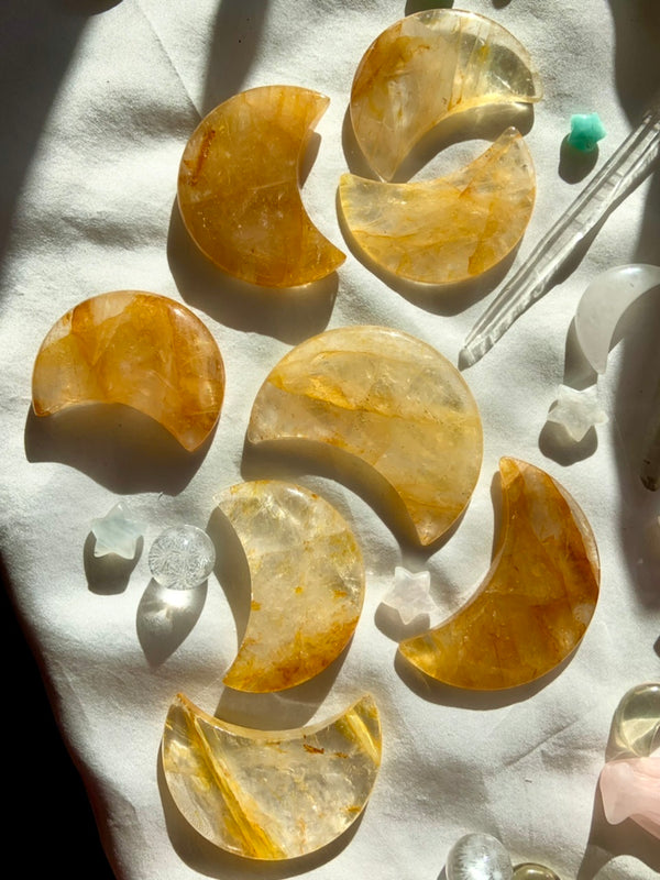 Big Golden Healer Crystal Moons, Hematoid Quartz Crescent Moons