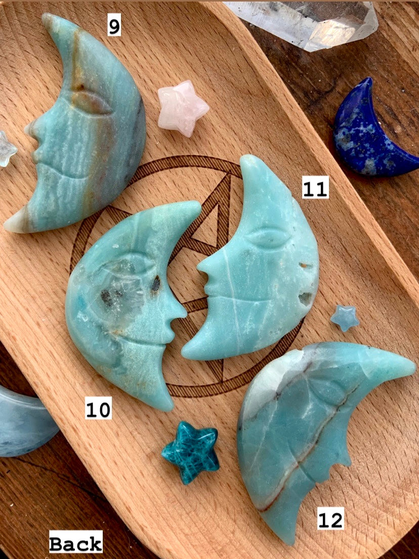 AMAZONITE MOON, Hand Carved Crescent Moon Face, Crystal Moons by Wild Mountain Crystals in Mt Shasta