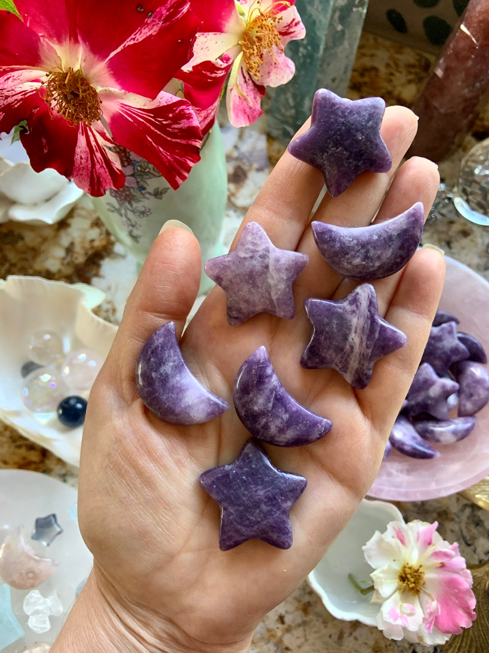 Lepidolite Crystal Moon and Star shaped stone carvings are a fun addition to your crystal collection