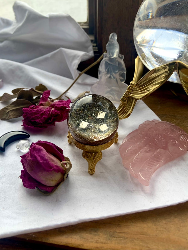 Garden Quartz Sphere with Pyrite Cube Inclusions