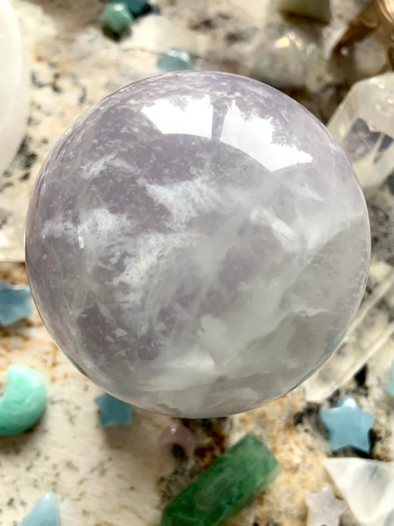 Banded Yttrium Fluorite Sphere with Scolecite Cloudscape # 4