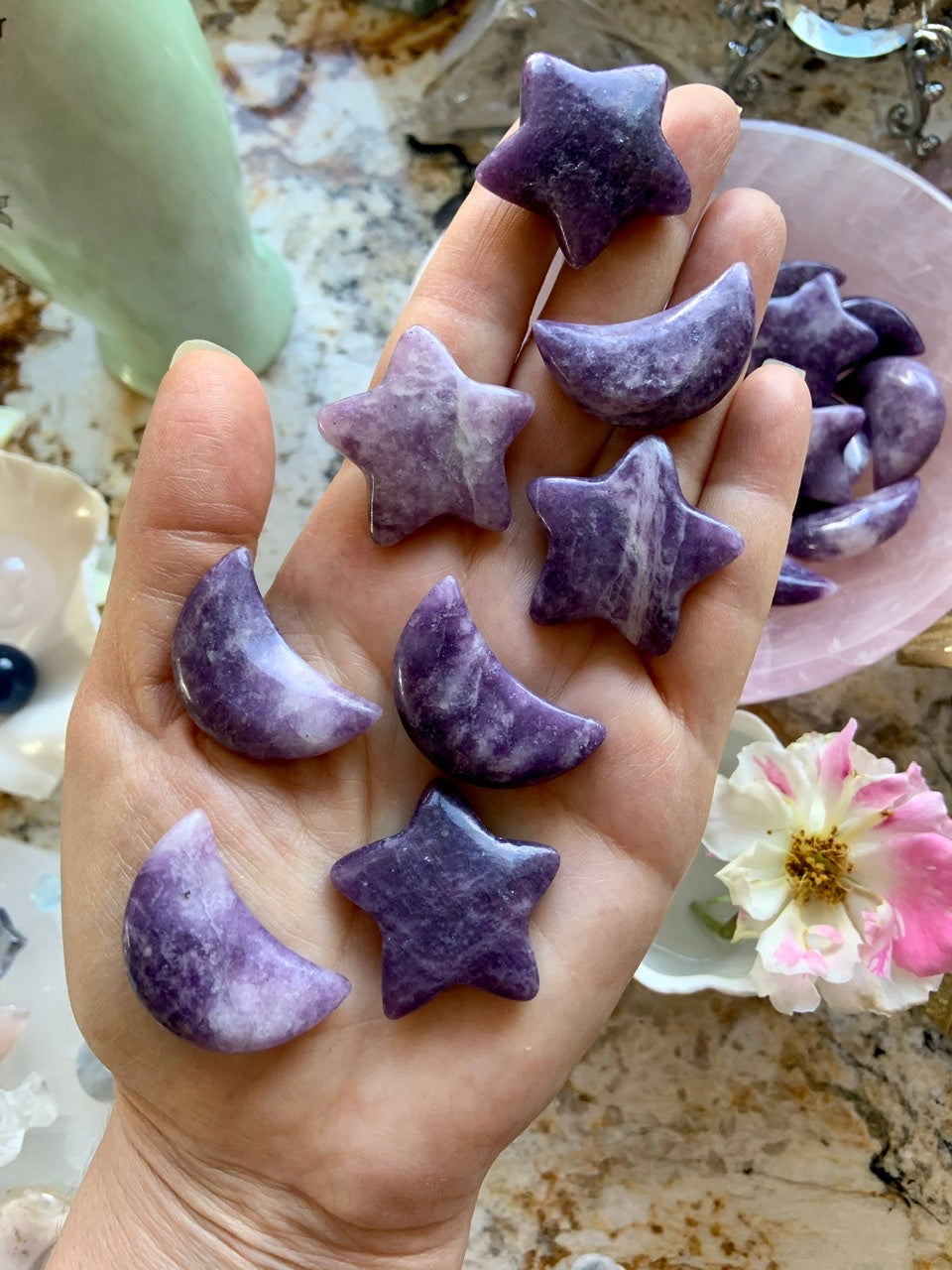 Lepidolite Crystal Moon and Star shaped stone carvings are a fun addition to your crystal collection