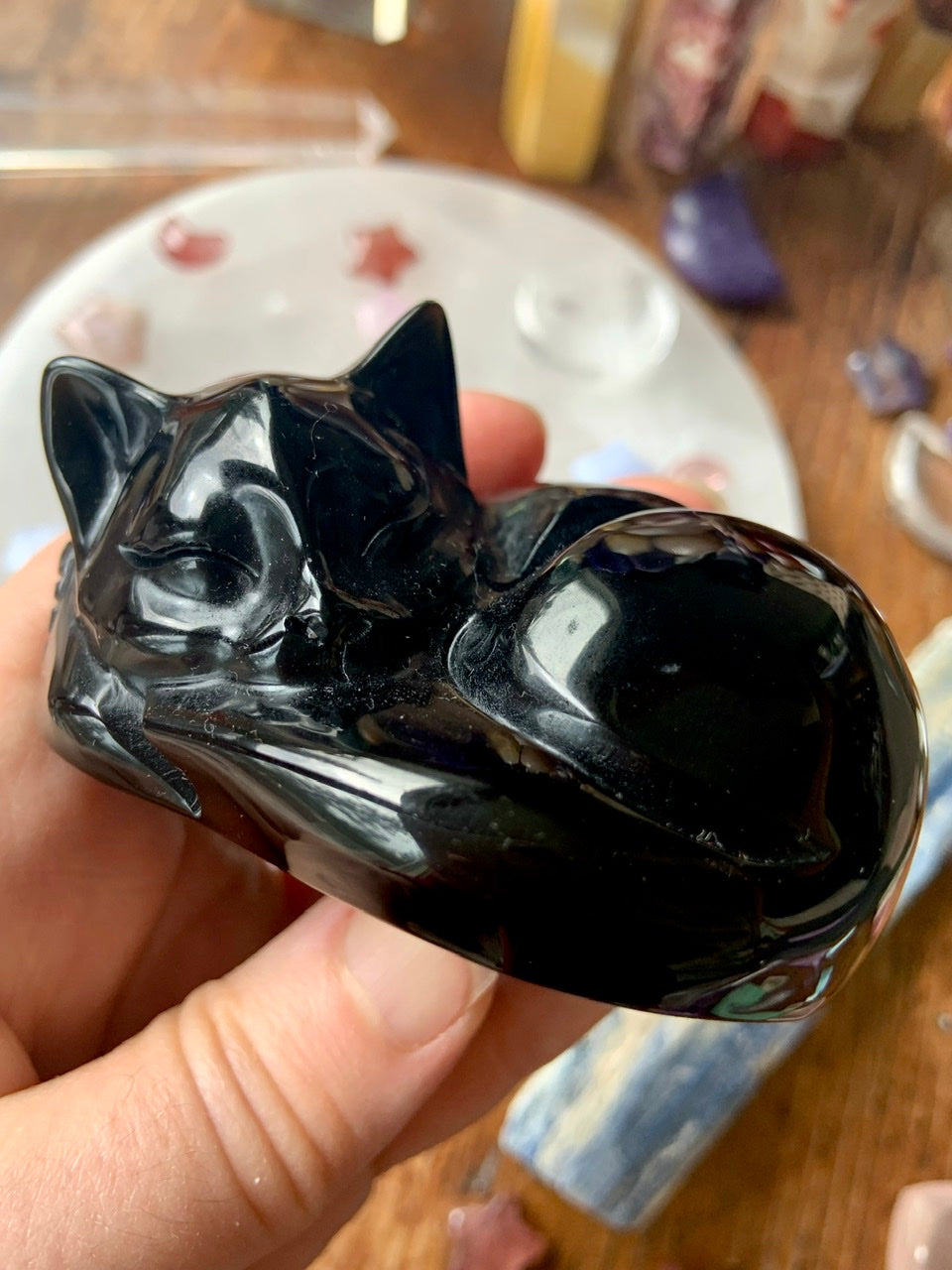 Large Black Obsidian Sleeping Cat figurine shown in hand for scale — grounding crystal carving for protection, comfort & remembrance.