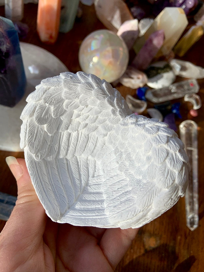 SELENITE ANGEL WING BOWL, Selenite Wing Bowl, Selenite Heart Bowl, Crystal Offering Bowl