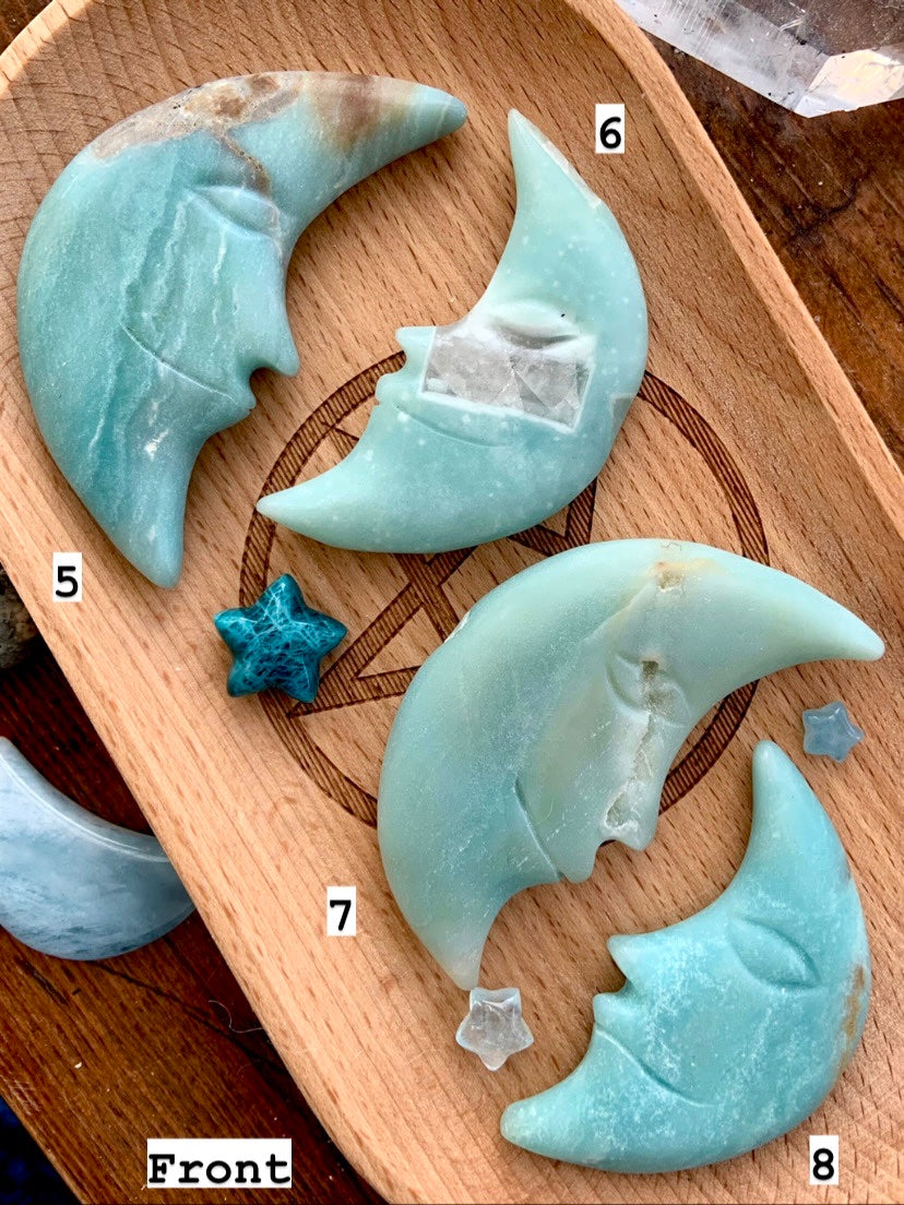 AMAZONITE MOON, Hand Carved Crescent Moon Face, Crystal Moons by Wild Mountain Crystals in Mt Shasta