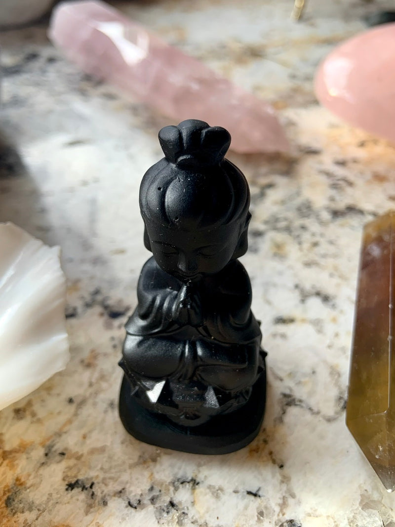 Black Obsidian Quan Yin ~ Meditating Guanyin Goddess Figurine