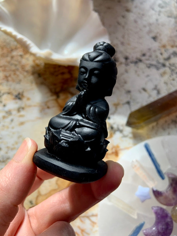 Black Obsidian Quan Yin ~ Meditating Guanyin Goddess Figurine