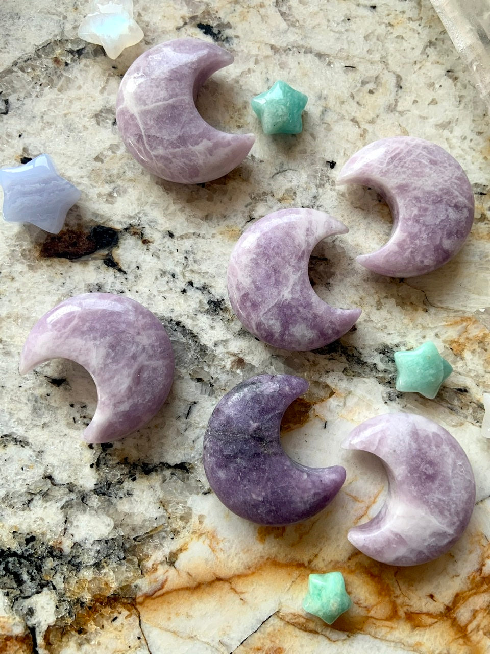 lilac lepidolite moon and star crystals – ideal size for gifting, crystal pouches, or altar decor