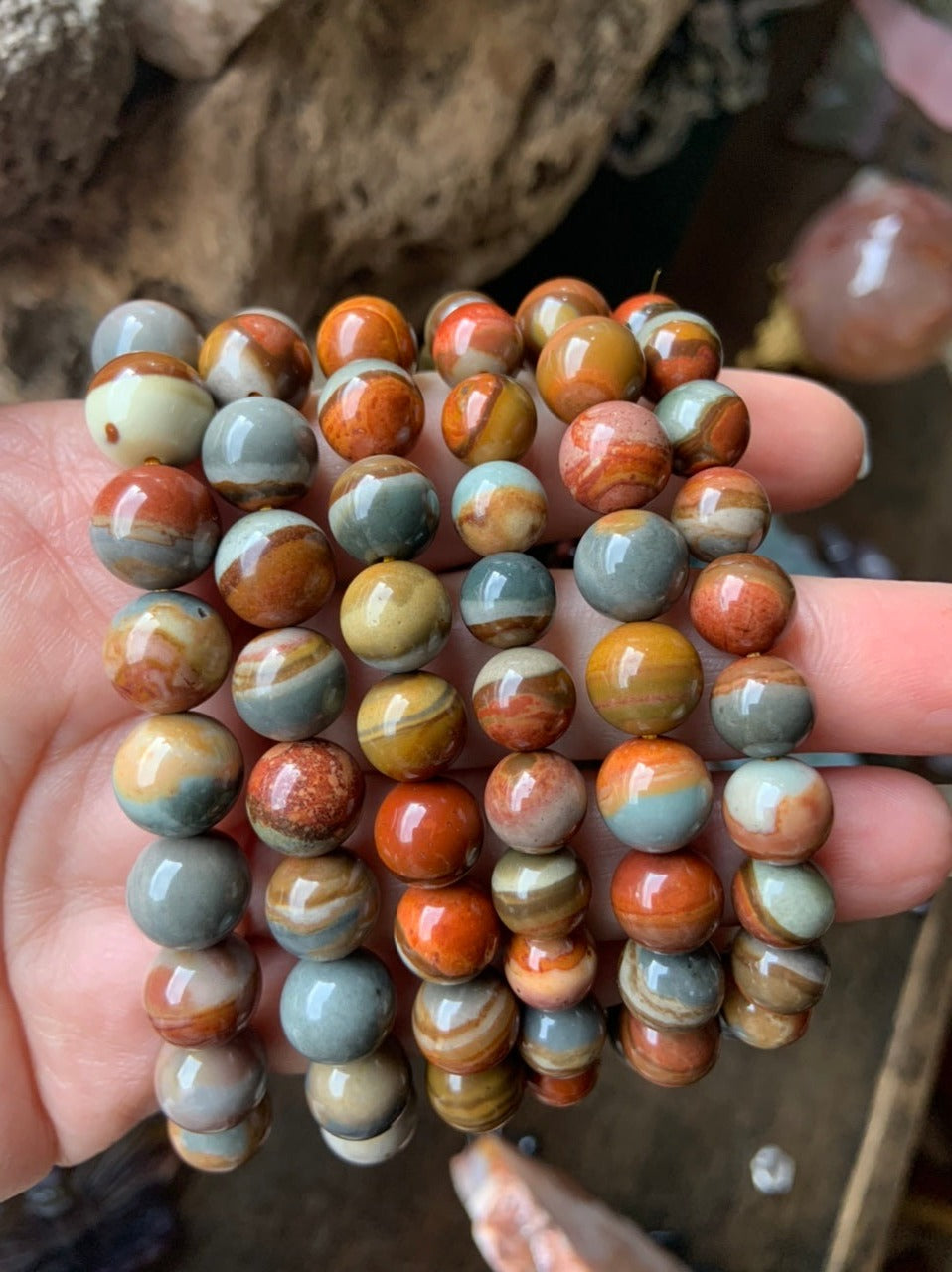 Wear your Polychrome Jasper bracelets to open the Root Chakra + embody your higher self.