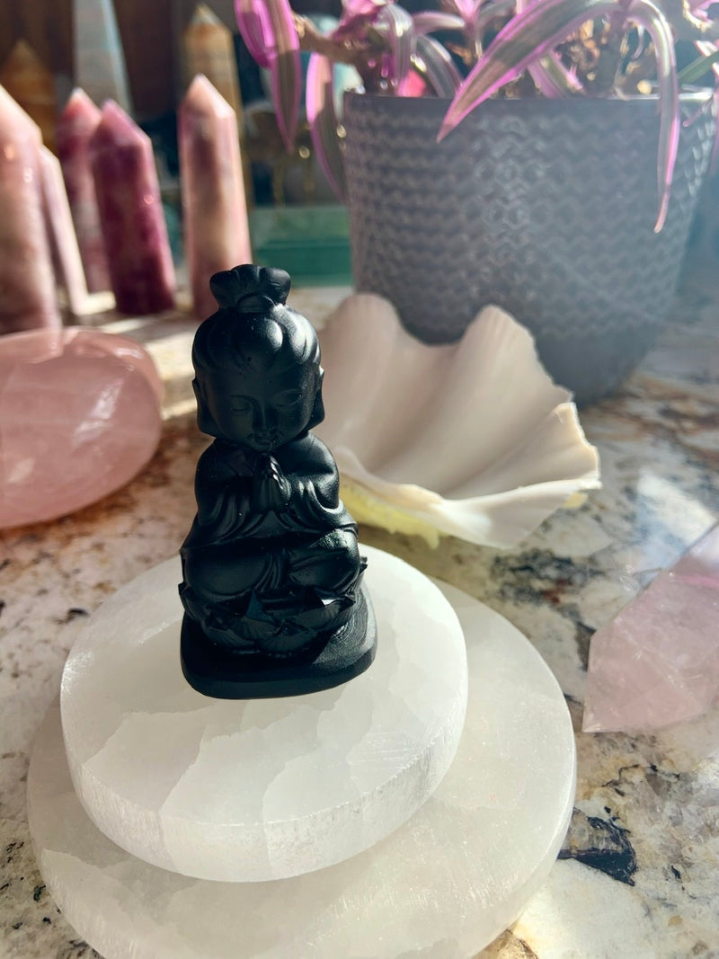 Black Obsidian Quan Yin ~ Meditating Guanyin Goddess Figurine