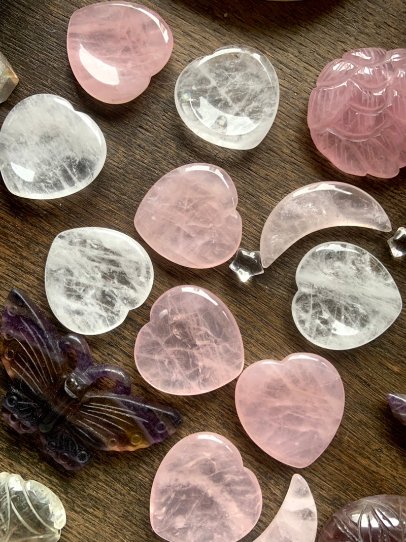 Heart-Shaped Worry Stones in Rose Quartz, Green Aventurine + Clear Quartz