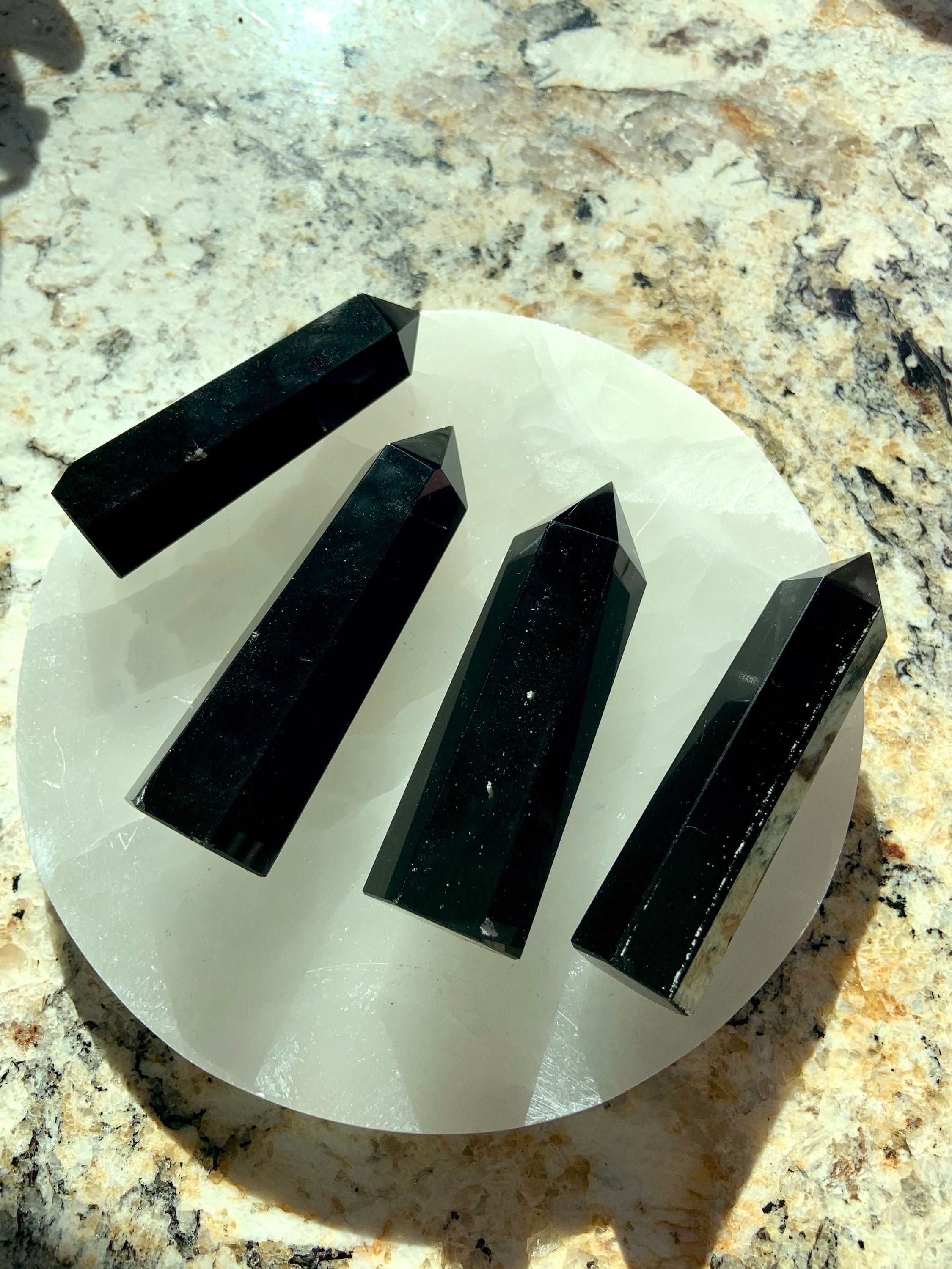An array of black obsidian points